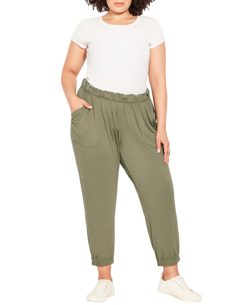 Front of a model wearing a size 18 Ronalda Pant in Moss Green by Evans. | dia_product_style_image_id:283652